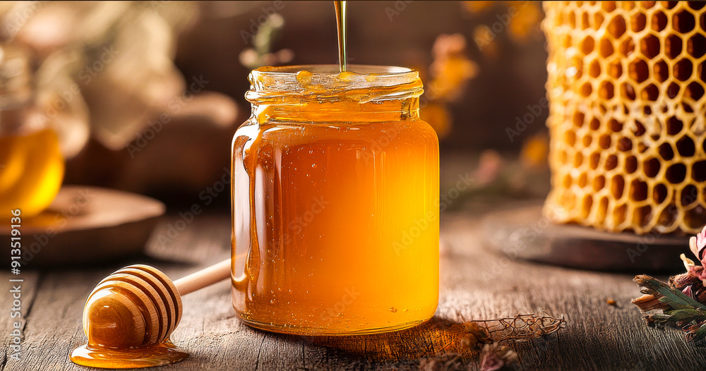 Golden Honey Dripping from Dipper into Jar.
