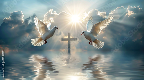 2 doves flying either side of a heavenly cross away from cross, facing each other with a sunburst rays reflection of the cross in both directions