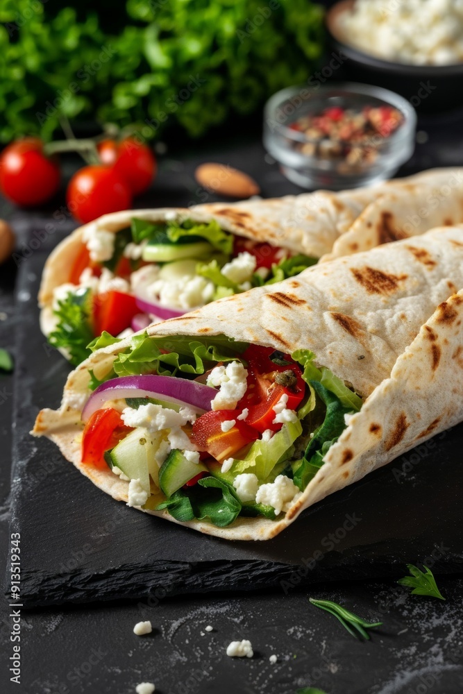 A feta cheese and veggie wrap, promoting high-protein meal choices ideal for fitness enthusiasts A feta cheese and veggie wrap, promoting high-protein meal choices ideal for fitness enthusiasts