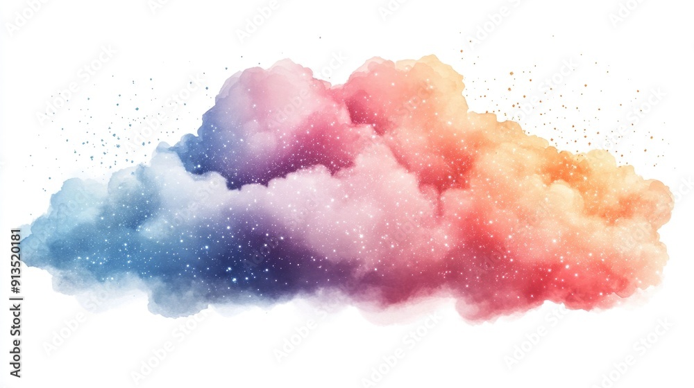 Whimsical and glimmering cloud in soft watercolor on a pure white background creating a serene and ethereal atmosphere