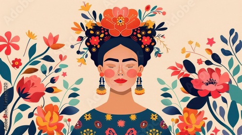 Elegant cultural woman, decorative floral art, intricate folk patterns, flat design illustration
