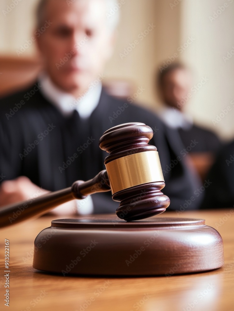 A judge's gavel rests on a wooden bench, symbolizing justice and authority in a courtroom setting.