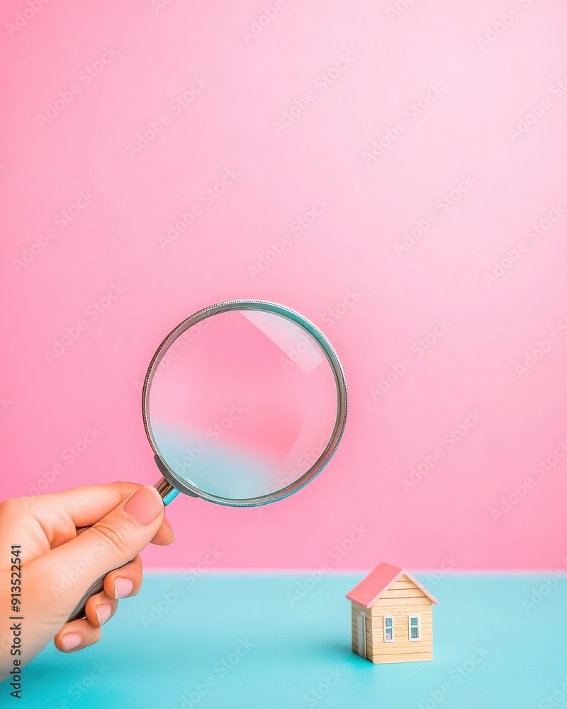 A hand holding a magnifying glass over a small wooden house, symbolizing inspection and analysis against a vibrant background. A hand holding a magnifying glass over a small wooden house, symbolizing inspection and analysis against a vibrant background.