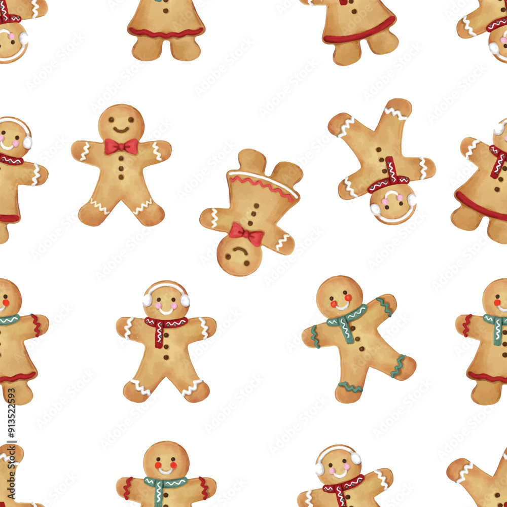 Vector gingerbread pattern isolated on a white hand drawn with watercolor. Cute Christmas theme. For textile, fabric, wallpaper, banners, cards and so on Vector gingerbread pattern isolated on a white hand drawn with watercolor. Cute Christmas theme. For textile, fabric, wallpaper, banners, cards and so on