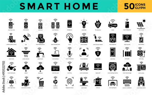 Smart Home icons set with smart door lock, smart phone, smart lock, smart speakers, hand phone, smart bulb, fire detection, router, smart refrigerator, solar system icon. Simple glyph vector 
