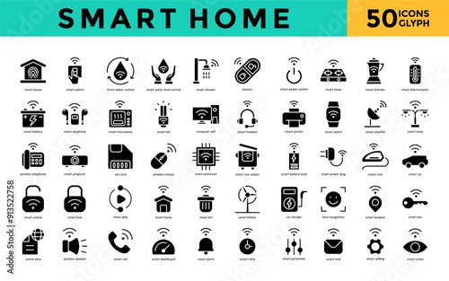 Smart Home icons set with smart house, smart switch, smart water control, smart water level control, smart shower, keyless, smart power system, smart stove, smart blender icon. Simple glyph vector 
