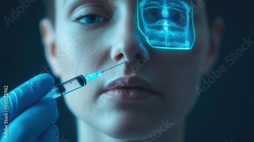 Botox injection, rejuvenation process, holographic medical guide, futuristic clinic