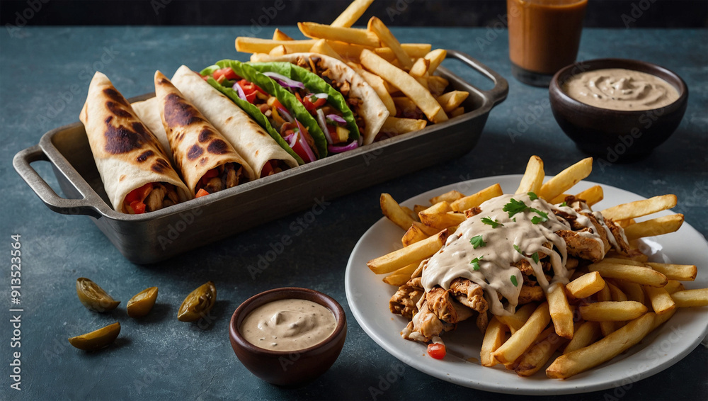 Chicken shawarma with lavash bread, fries and tahini sauce Chicken shawarma with lavash bread, fries and tahini sauce