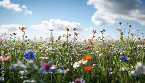 Lush Wildflower Field Under Bright Blue Sky With Soft White Clouds on Sunny Day