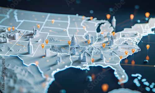 A high-tech, illuminated 3D map of the United States, showcasing various pinpoint locations across the country. The map is vibrant with blue lights highlighting the states' boundaries