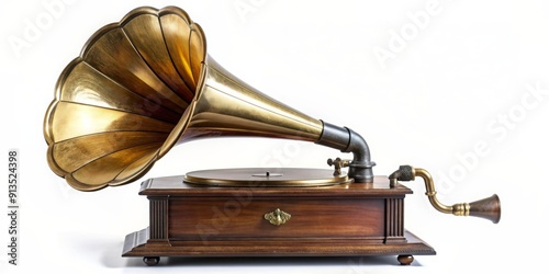 An antique phonograph record player with a large brass horn, vintage, retro, music, gramophone, nostalgia