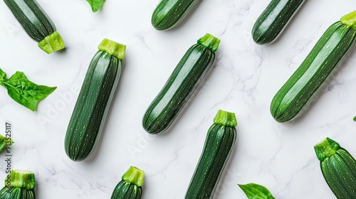 Assorted zucchini fruits arranged in a geometric pattern, showcasing vibrant green hues and smooth textures on a white marble surface