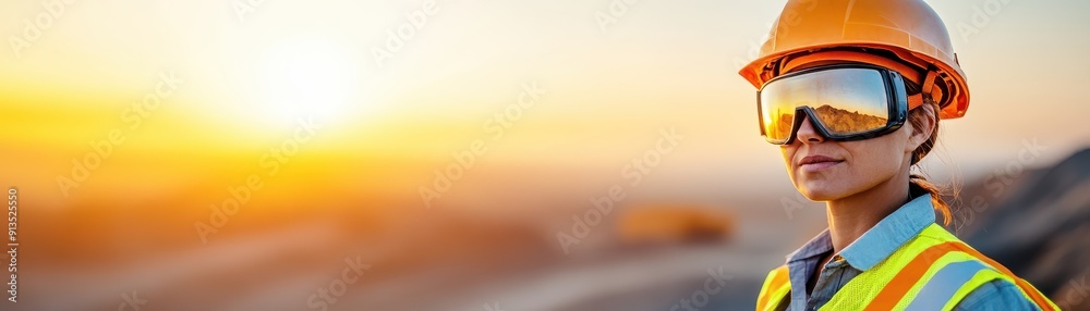 A confident construction worker wearing safety gear, looking towards the sunset, representing safety and professionalism in the industry. A confident construction worker wearing safety gear, looking towards the sunset, representing safety and professionalism in the industry.