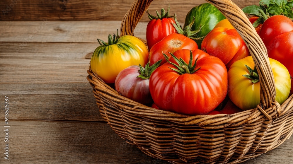 Close-up of a basket overflowing with heirloom tomatoes, each with distinct textures and colors, in a rustic wooden setting Close-up of a basket overflowing with heirloom tomatoes, each with distinct textures and colors, in a rustic wooden setting