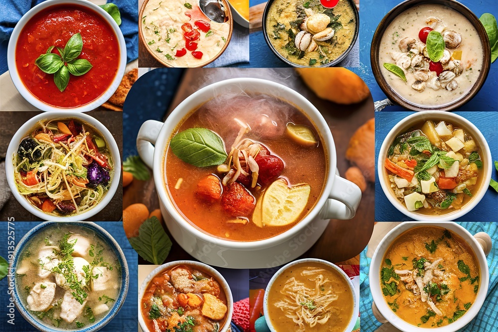A stunning and appetizing collage of various soups A stunning and appetizing collage of various soups