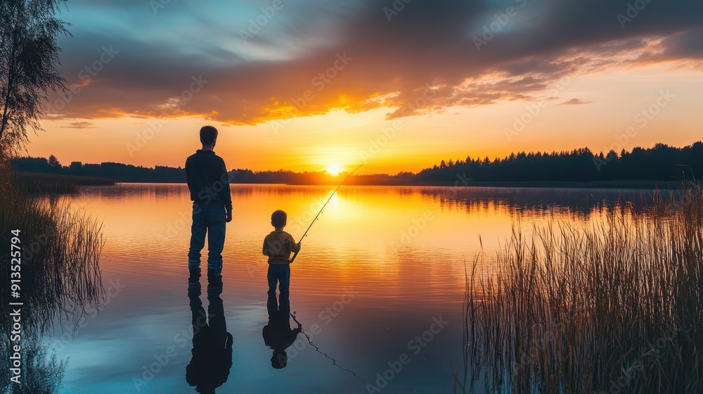Father and son fishing at lake in sunset Father and son fishing at lake in sunset