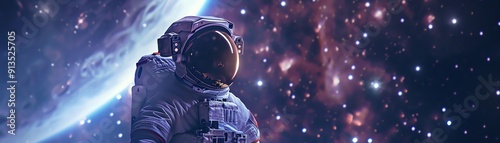Astronaut looking up in a starry space background