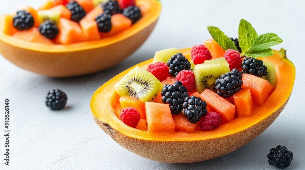 Papaya halves filled with colorful fruits like berries and kiwi, presented as a healthy tropical bowl Papaya halves filled with colorful fruits like berries and kiwi, presented as a healthy tropical bowl