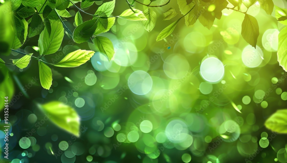 Vibrant Green Leaves and Bokeh Light Effects in a Lush Forest Setting Vibrant Green Leaves and Bokeh Light Effects in a Lush Forest Setting