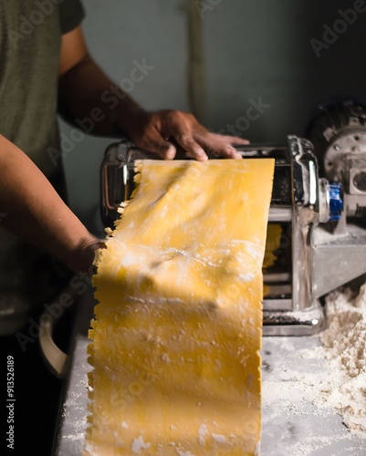 Italian cook prepares ravioli & spaghetti with pasta machine.Kitchen worker cooks traditional dinner meal with thin dough layer made from wheat flour in bakery.Baker cooks tagliatelle noodles