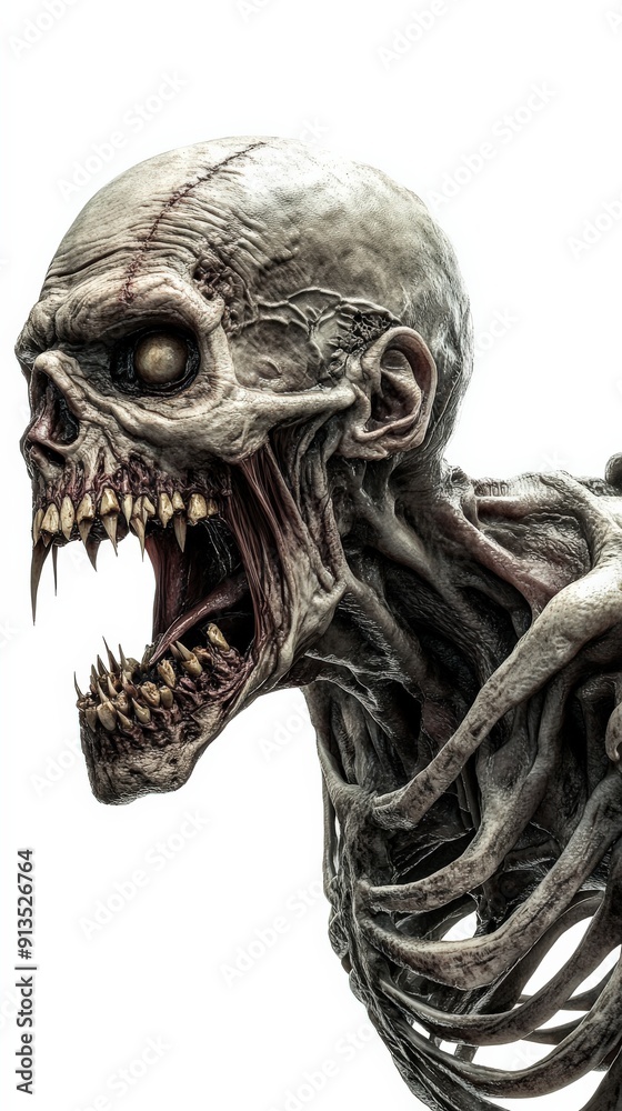Naklejka premium A terrifying zombie portrait with a gaping mouth and skeletal features, perfect for horror-themed projects and artwork.