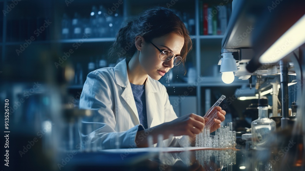 Photograph of a female medical researcher, working tirelessly in her lab, Photograph of a female medical researcher, working tirelessly in her lab,