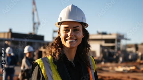 Photograph of a female engineer smiling proudly as she surveys the completed construction