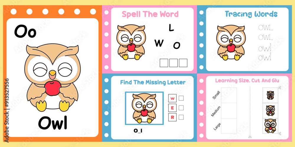 worksheets pack for kids a owl vector. worksheets pack for kids a owl vector.