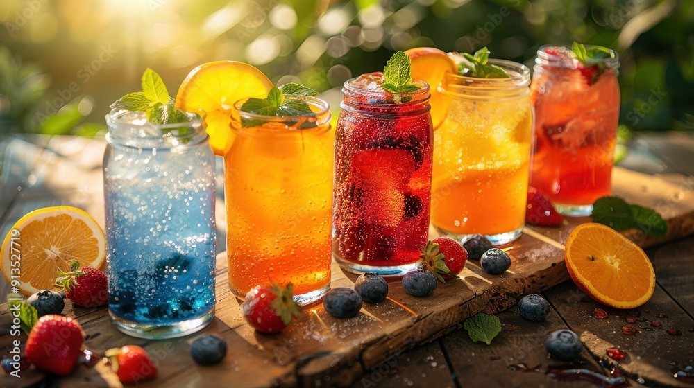 Fototapeta premium Refreshing Summer Drinks in Mason Jars with Fresh Fruits and Mint on a Sunny Day