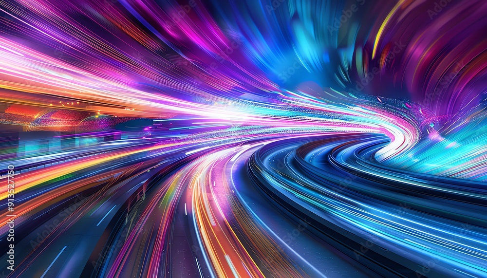 Cityscape with light trails on a highway, vibrant colors, dynamic and futuristic