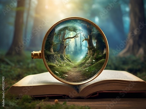  Magnifying glass focuses on magical forest, against the background of books. AI generated 