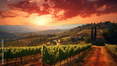 Photograph of a picturesque vineyard bathed in the warm hues