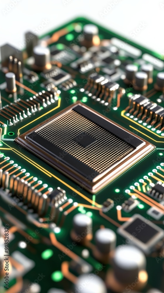 Obraz premium Close-up view of a computer circuit board featuring a detailed microchip with intricate patterns and connections.