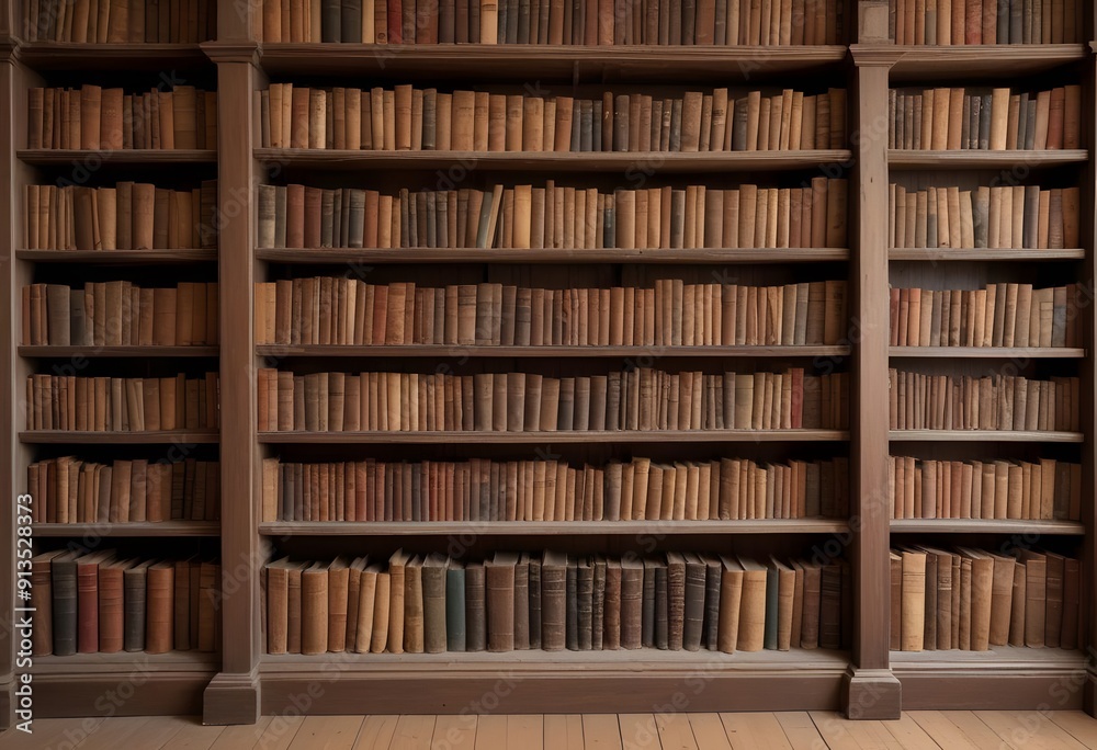 A large bookshelf filled with old, leather-bound books in a dimly lit library or study
