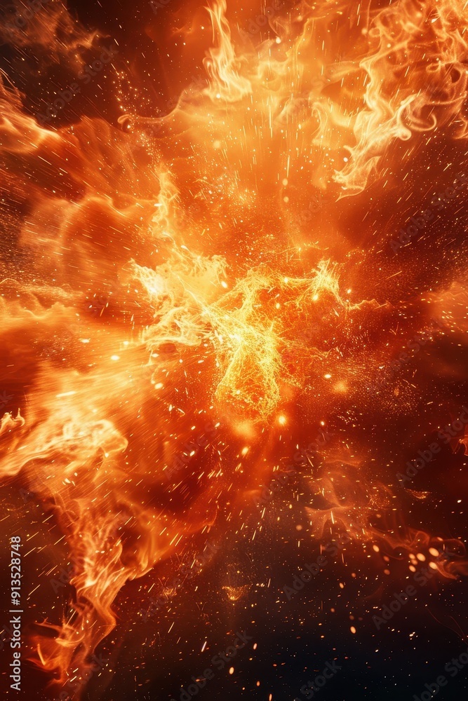 Naklejka premium Fiery Explosion of Bright Orange Flames and Sparks in a Dark Background Capturing Intense Energy and Motion