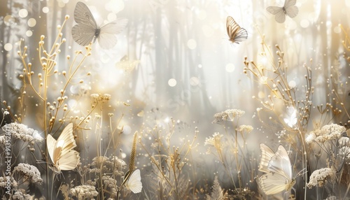 Graceful Butterflies Among Delicate Wildflowers in a Serene Forest Setting at Dusk