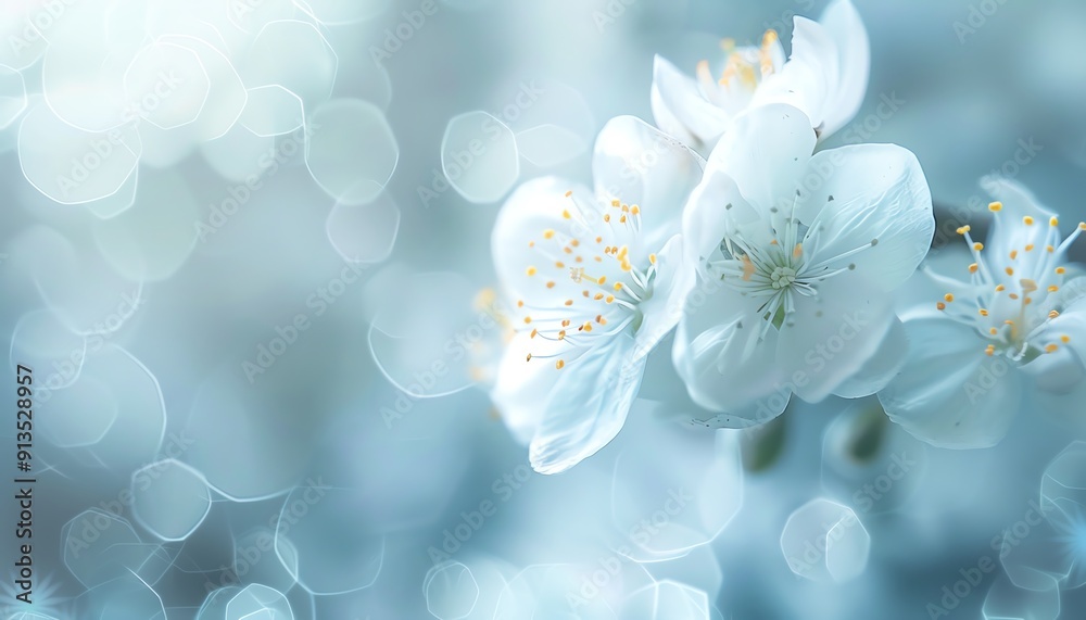 Closeup of white blossoms, soft focus, dreamy bokeh background, light blue tones, springtime Closeup of white blossoms, soft focus, dreamy bokeh background, light blue tones, springtime