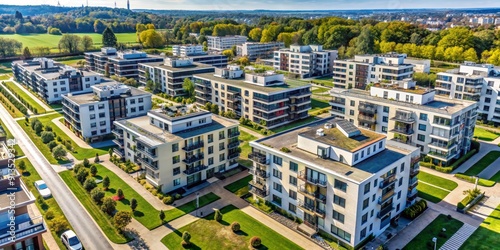 Aerial View of Modern Apartment Buildings with Green Spaces, Drone Photography, Urban Architecture, Residential Complex , apartment buildings, green spaces, aerial view