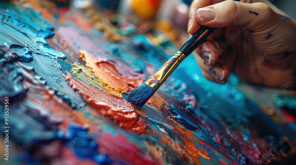 Close-up of Hand Painting with Brush on Colorful Canvas in Art Studio Close-up of Hand Painting with Brush on Colorful Canvas in Art Studio
