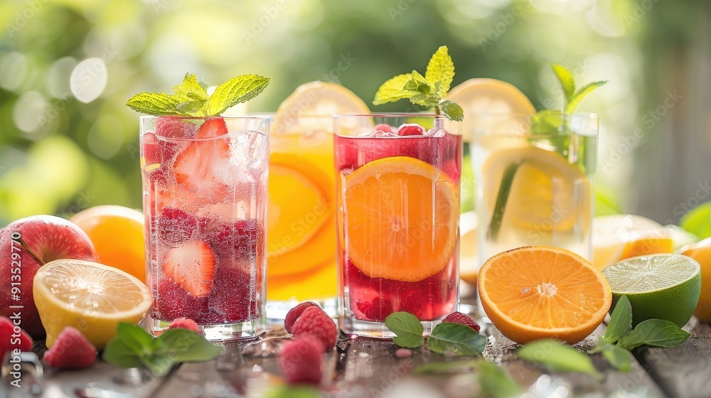 Refreshing Summer Drinks with Fresh Fruits and Mint Leaves on a Wooden Table in a Sunlit Garden Refreshing Summer Drinks with Fresh Fruits and Mint Leaves on a Wooden Table in a Sunlit Garden