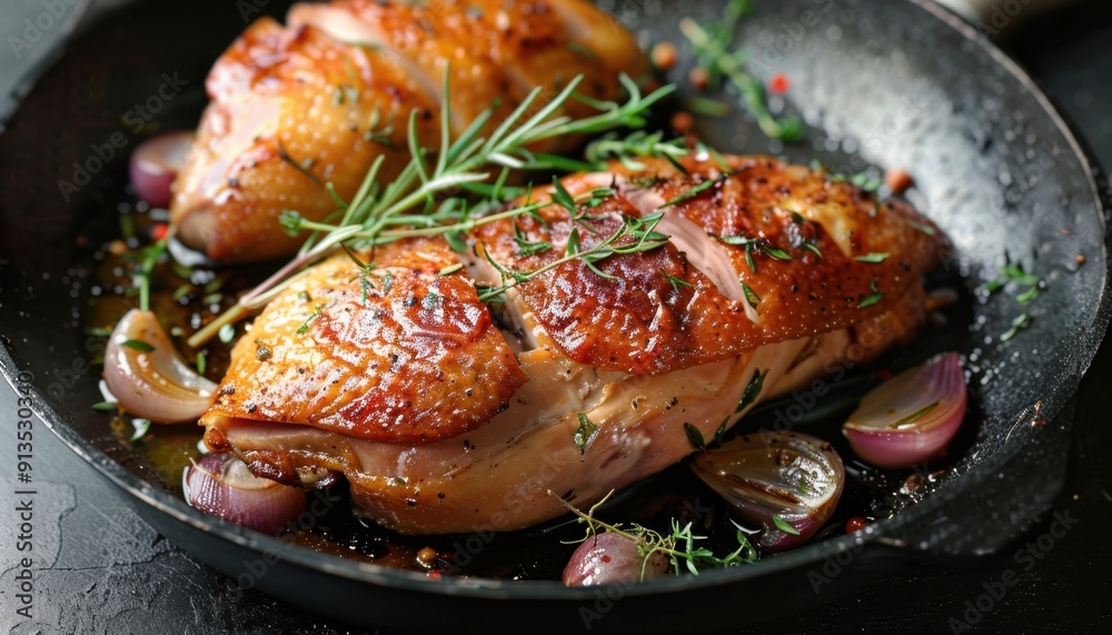 Golden Brown Roasted Duck Breasts With Fresh Herbs and Caramelized Onions in a Skillet Golden Brown Roasted Duck Breasts With Fresh Herbs and Caramelized Onions in a Skillet