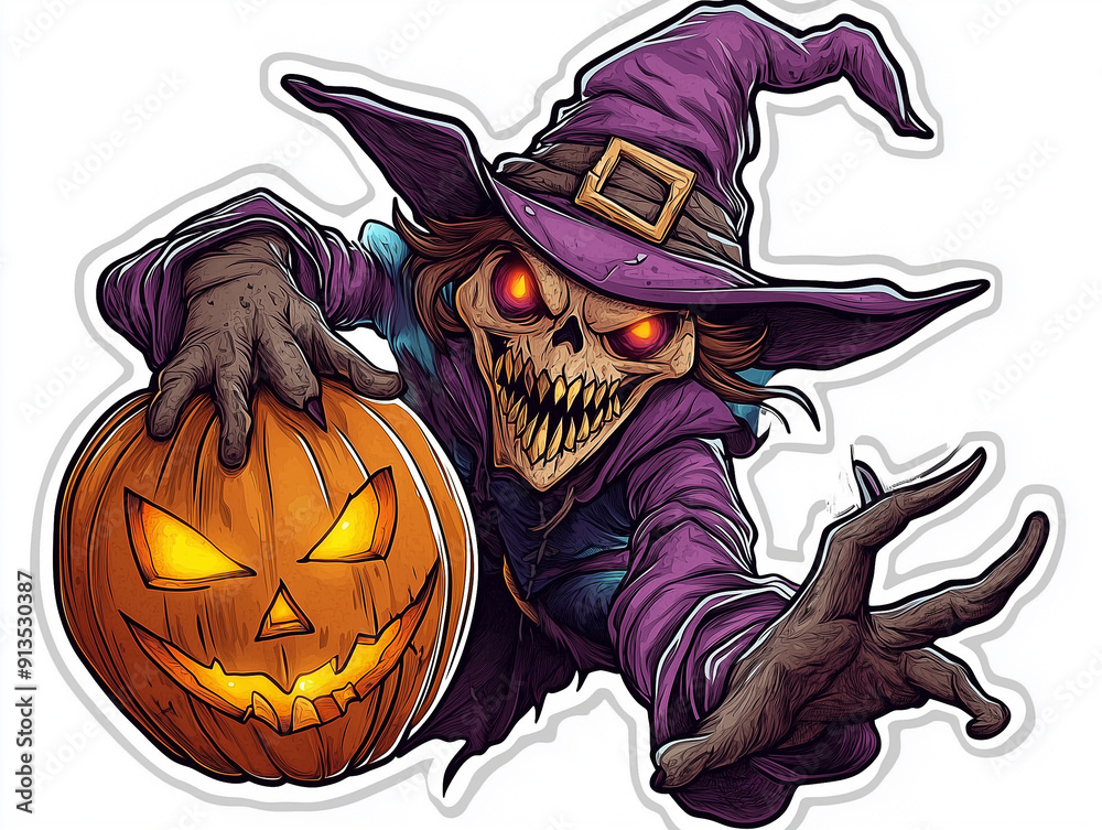 Gothic Hexe hält Kürbis in der Hand Illustration Halloween-Aufkleber mit weißem Hintergrund Gothic Hexe hält Kürbis in der Hand Illustration Halloween-Aufkleber mit weißem Hintergrund