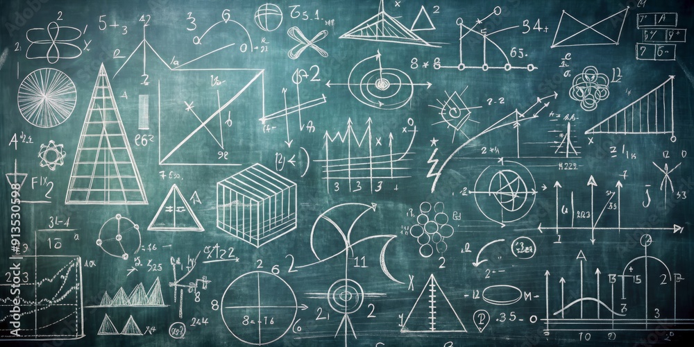 Chalkboard with Mathematical Equations and Drawings, math , education, school , science Chalkboard with Mathematical Equations and Drawings, math , education, school , science