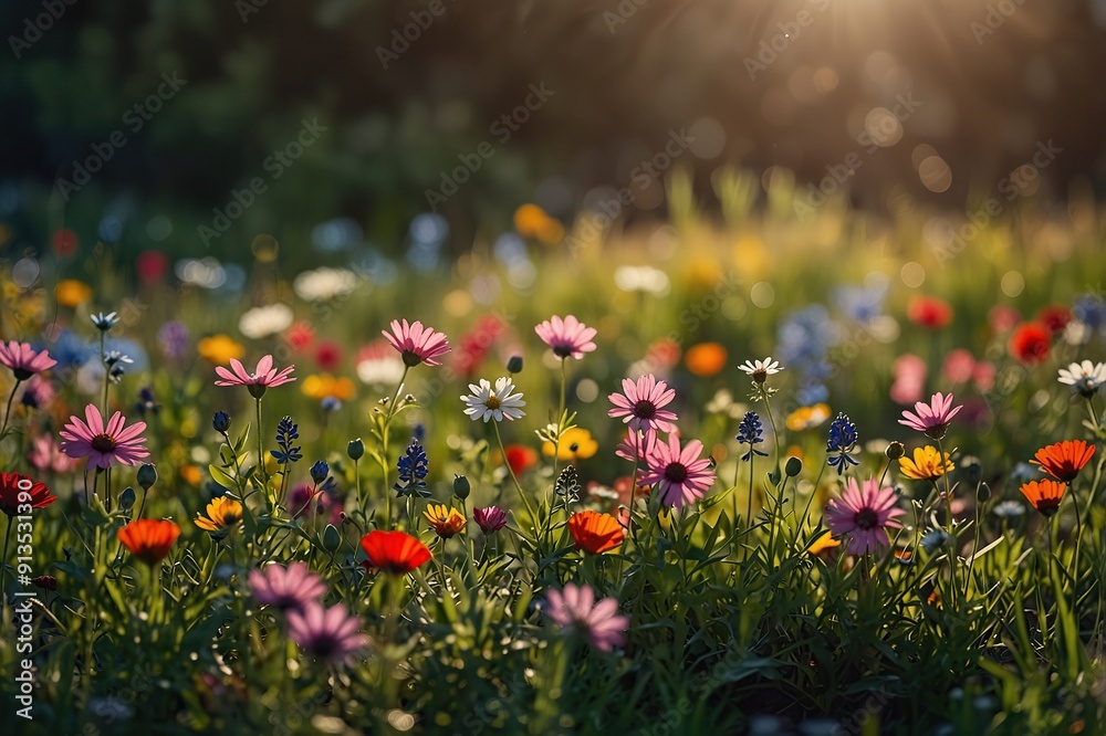 Colorful flower meadow with sunbeams and bokeh lights in summer - nature background banner with copy space - summer greeting card wildflowers spring concept Colorful flower meadow with sunbeams and bokeh lights in summer - nature background banner with copy space - summer greeting card wildflowers spring concept