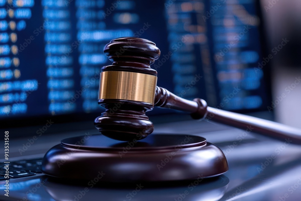 A gavel resting on a laptop, symbolizing justice and the legal system in the digital age. A gavel resting on a laptop, symbolizing justice and the legal system in the digital age.
