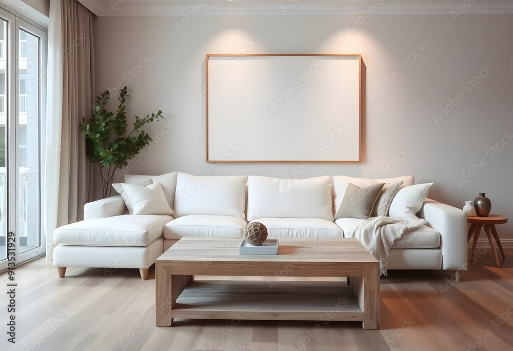A modern living room with poster frame a white sectional sofa, a wooden coffee table, and a vase of red roses on the table. The room has a minimalist and cozy feel, A modern living room with poster frame a white sectional sofa, a wooden coffee table, and a vase of red roses on the table. The room has a minimalist and cozy feel,