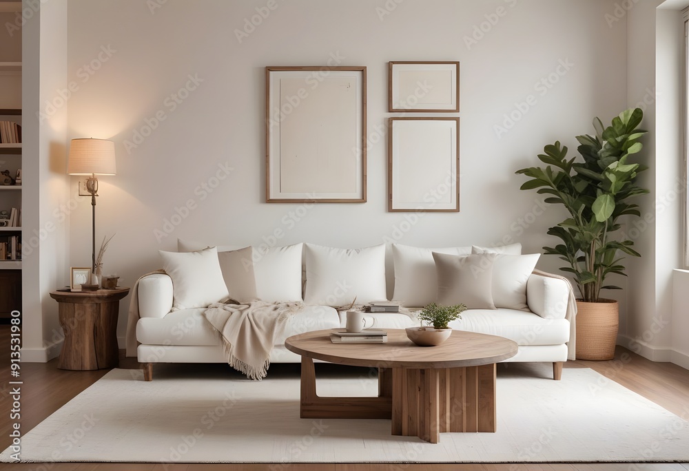 A modern living room with poster frame a white sectional sofa, a wooden coffee table, and a vase of red roses on the table. The room has a minimalist and cozy feel, A modern living room with poster frame a white sectional sofa, a wooden coffee table, and a vase of red roses on the table. The room has a minimalist and cozy feel,