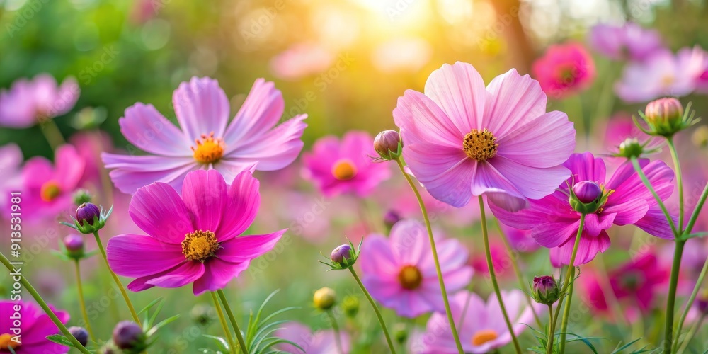 Cosmos Flower Field in Warm Sunlight, Flower, Nature, Blossom, Field Cosmos Flower Field in Warm Sunlight, Flower, Nature, Blossom, Field