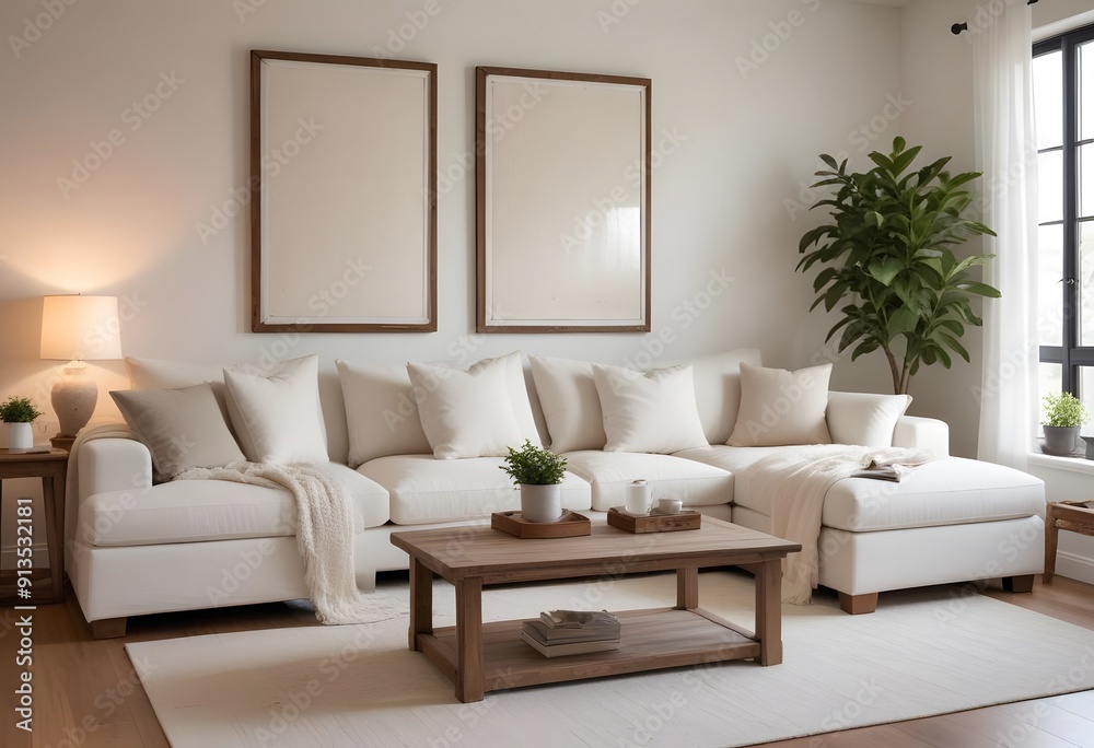 A modern living room with poster frame a white sectional sofa, a wooden coffee table, and a vase of red roses on the table. The room has a minimalist and cozy feel, A modern living room with poster frame a white sectional sofa, a wooden coffee table, and a vase of red roses on the table. The room has a minimalist and cozy feel,