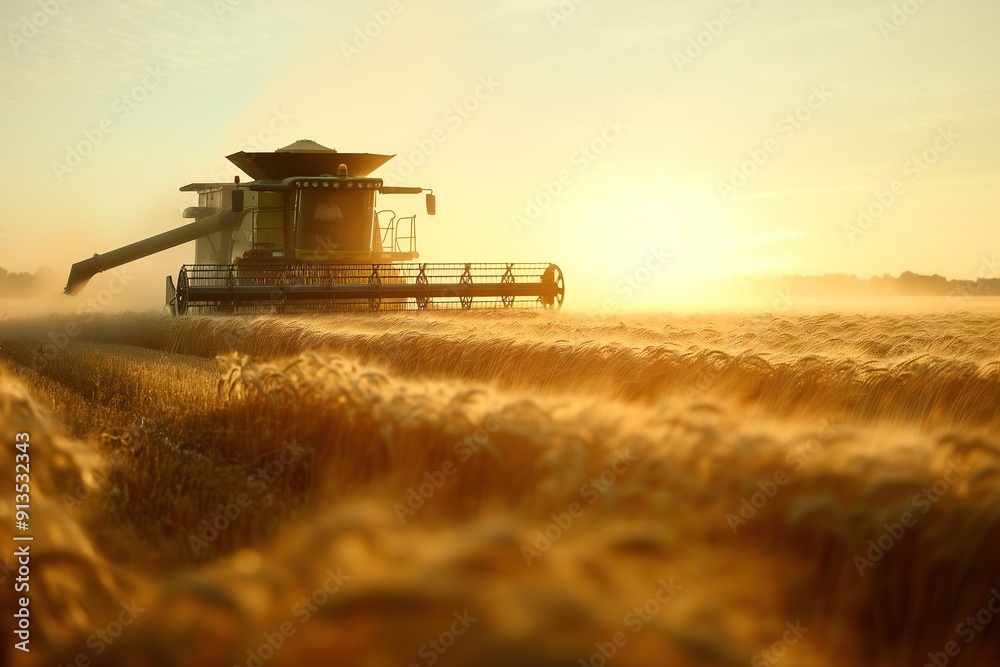 Naklejka premium A combine harvester working in a field of wheat at sunset.